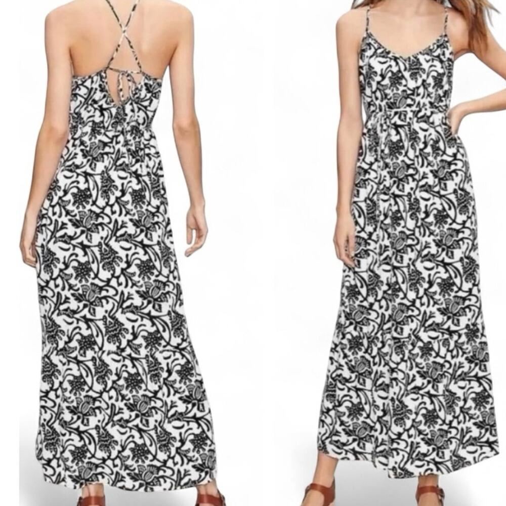 NWT LOFT Floral Vine Tie Back Maxi Dress M Black White Damask Crossback Boho